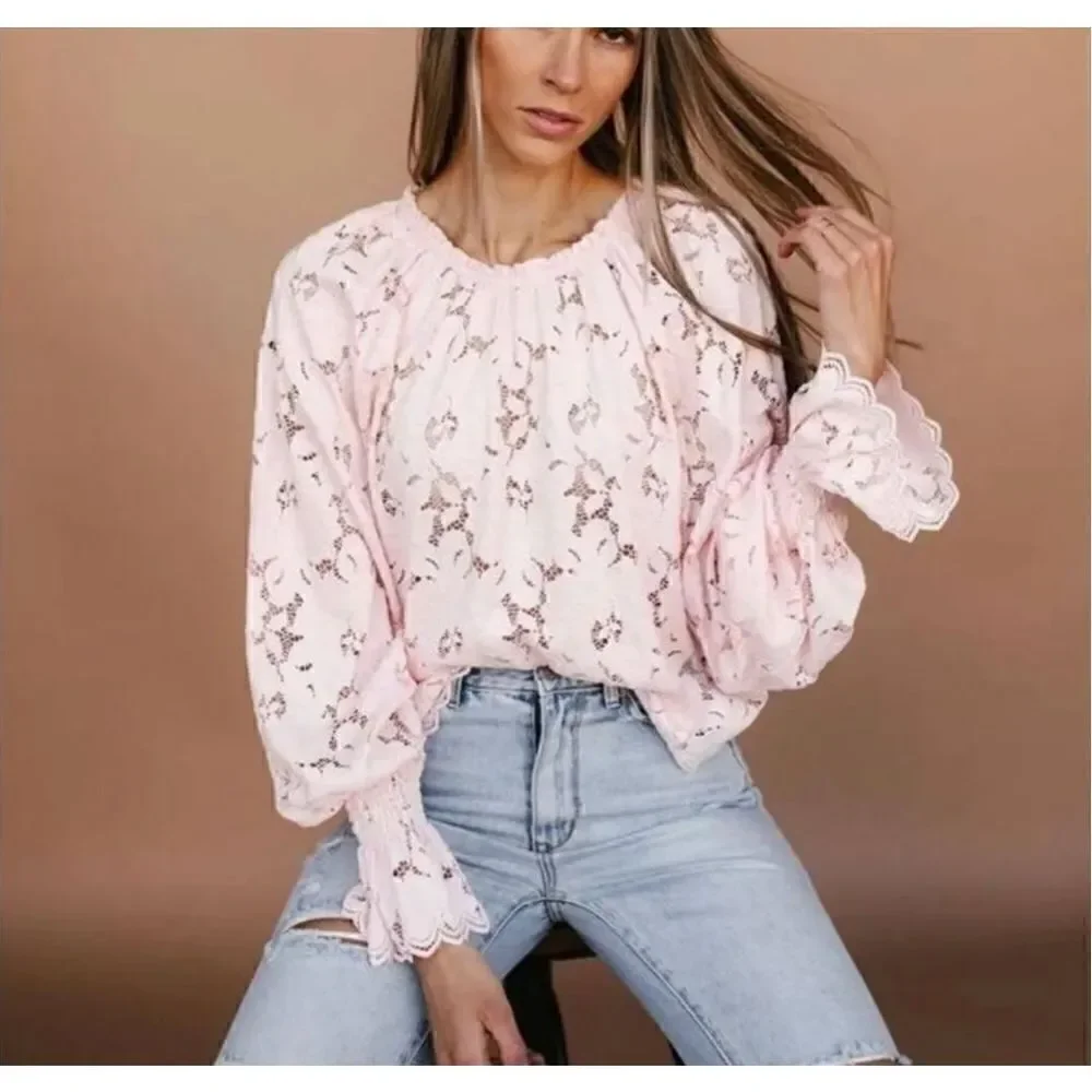 Free People Olivia Lace Top, Soft girl Pink, Dolman Sleeves bridgerton princess